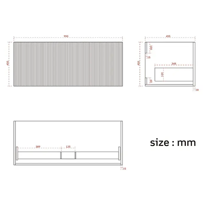 LOMAZOO Badmöbel Sovina 100 cm Nussbaum Rillenfront, Waschbecken Weiß -  - Technische Zeichnung von Holzmöbelkomponenten, einschließlich einer Lamellenplatte und einer Kiste, mit detaillierten Maßen in Millimetern.
