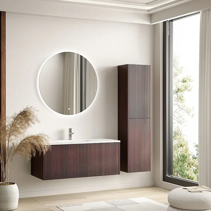 LOMAZOO Badmöbel Sovina 100 cm Nussbaum Rillenfront, Waschbecken Weiß -  - Wandmontierter Waschtischunterschrank und Hochschrank aus dunklem Holz mit Lamellen in modernem Bad.