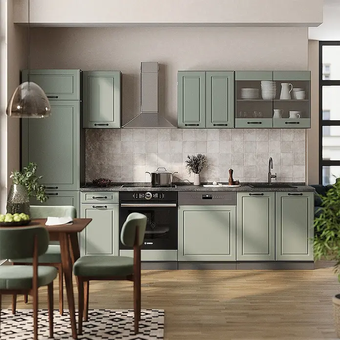 Glashängeschrank R-Line 80 cm Mint Landhaus Art.-Nr. 71182 -  - Moderne salbeigrüne Küche mit verschiedenen Schränken, integrierten Geräten und einem Essbereich.