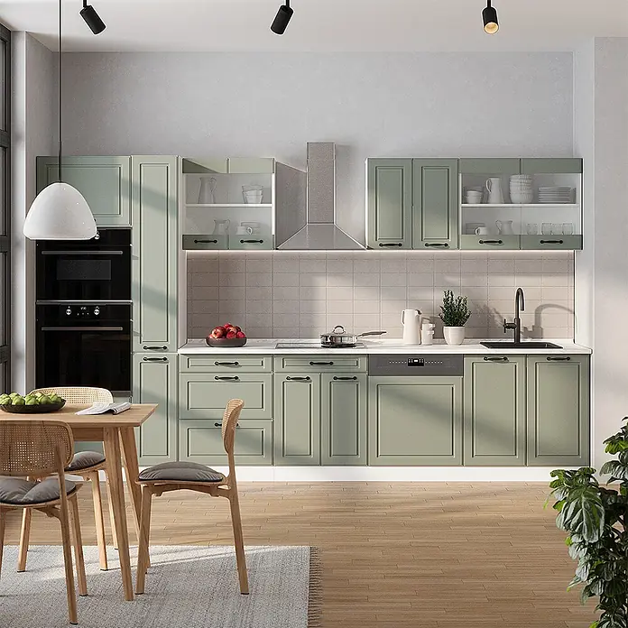 Küchenzeile R-Line 350 cm Mint Landhaus Art.-Nr. 70939 -  - Eine moderne Küche mit salbeigrünen Schränken, integrierten Geräten und einem Essbereich, die ein funktionales und stilvolles Interieur zeigt.