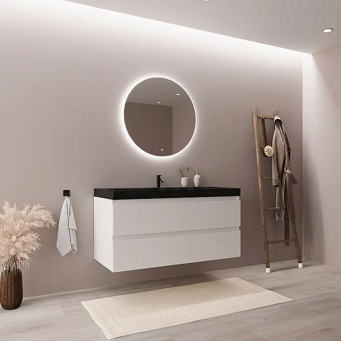 LOMAZOO Badmöbel Monaco 100 cm Weiß glänzend, Waschbecken Schwarz -  - Weißer schwebender Badschrank mit schwarzem Waschbecken und rundem beleuchtetem LED-Spiegel in einem modernen Badezimmer.