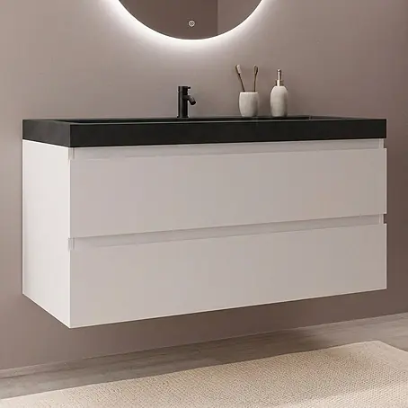 LOMAZOO Badmöbel Monaco 100 cm Weiß glänzend, Waschbecken Schwarz