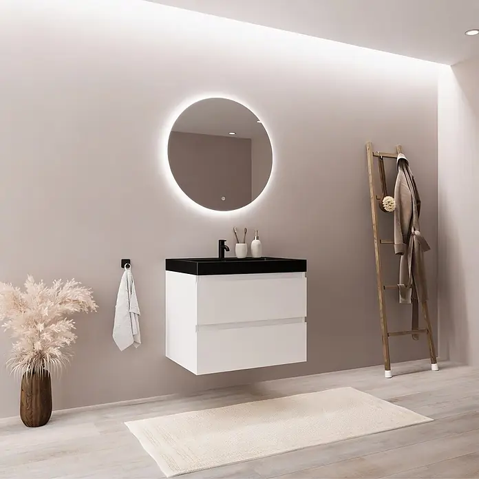 LOMAZOO Badmöbel Monaco 60 cm Weiß glänzend, Waschbecken Schwarz -  - Moderner schwebender Badezimmerschrank mit schwarzer Arbeitsplatte, weißen Schubladen und rundem beleuchtetem Spiegel.