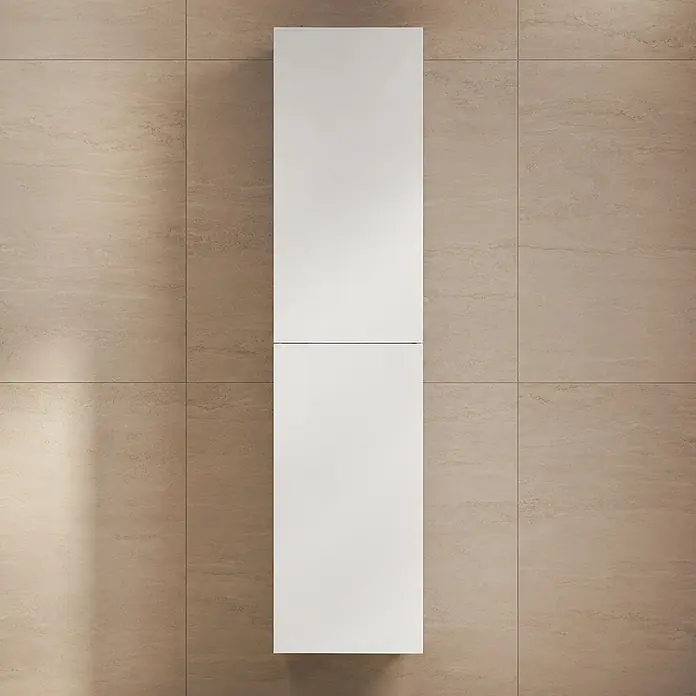 LOMAZOO Hochschrank Forella 140 cm Weiß glänzend -  - Hoher, schmaler weißer Wandschrank mit zwei Aufbewahrungsfächern.