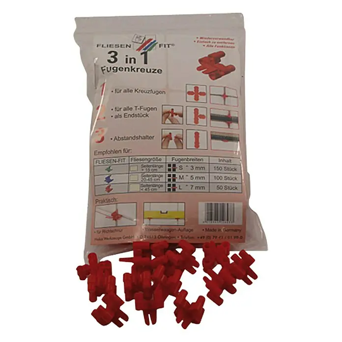 Heka Cruceta para baldosas FLIESEN FIT - 4 mm, 5 mm, 100 ud. - Un paquete de separadores de azulejos Tile-FIT 3 en 1, con separadores de azulejos rojos esparcidos frente al paquete.