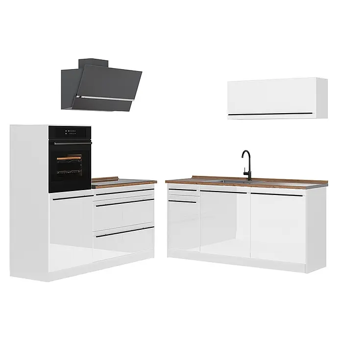 Küchenzeile R-Line 160 cm Weiß Hochglanz Art.-Nr. 66155 -  - Weiße Hochglanz-Küchenschränke mit Holzoptik-Arbeitsplatten, Einbaubackofen, Spüle, Armatur und dunkelgrauer Dunstabzugshaube.
