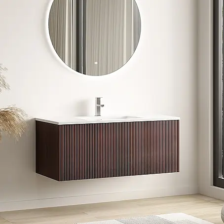LOMAZOO Badmöbel Sovina 100 cm Nussbaum Rillenfront, Waschbecken Weiß