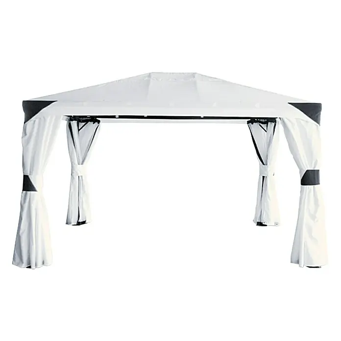 Sunfun Pavillon-Seitenwände Kairo - Für Sunfun Pavillon Kairo - Bild eines weißen Gartenpavillons mit Vorhängen und dunklen Akzenten, ideal für den Außenbereich.