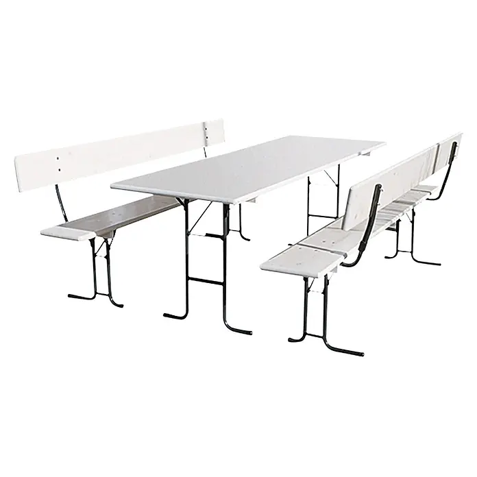 Sunfun Bierzeltgarnitur - 3 -tlg., Nadelholz/Stahl, Klappbar, Weiß/Grau, Tisch (L x B x H): 220 x 70 x 77 cm, Bank (B x T x H): 220 x 25 x 49 cm - Diagonale Ansicht