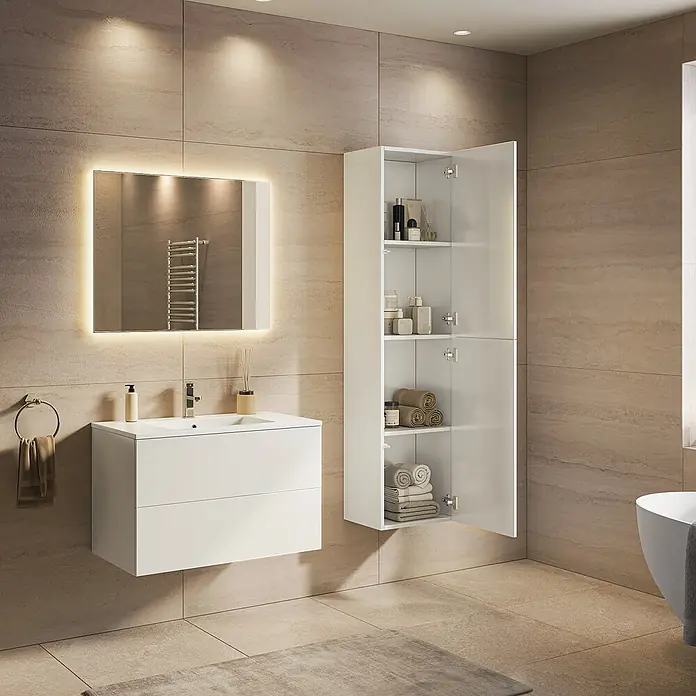 LOMAZOO Badmöbel-Set Nuvano 80 cm Weiß glänzend, Waschbecken Weiß -  - Moderner weißer Waschtisch, beleuchteter Spiegel und hoher Schrank im Badezimmer.