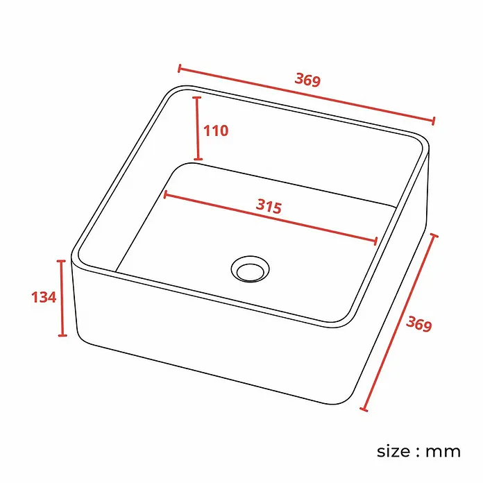 LOMAZOO Badmöbel Alira 120 cm Eiche hell, 2 eckige Aufsatzwaschbecken -  - Technisches Diagramm eines rechteckigen Waschbeckens mit abgerundeten Ecken, zeigt Außenmaße (369x369x134mm) und Innenmaße (315x110mm) in mm.