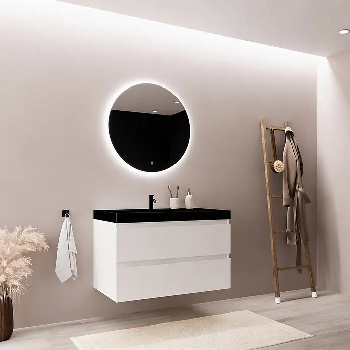 LOMAZOO Badmöbel Monaco 80 cm Weiß glänzend, Waschbecken Schwarz -  - Modernes Badezimmer mit schwarz-weißem schwebendem Waschtisch und rundem, hinterleuchtetem Spiegel.