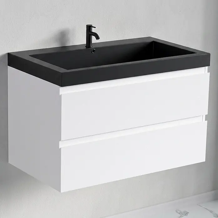 LOMAZOO Badmöbel Monaco 80 cm Weiß glänzend, Waschbecken Schwarz -  - Wandhängender Waschtisch mit integriertem schwarzen Becken, schwarzem Wasserhahn und zwei weißen Schubladen.
