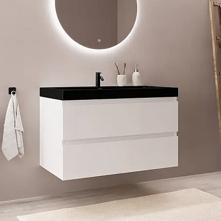 LOMAZOO Badmöbel Monaco 80 cm Weiß glänzend, Waschbecken Schwarz