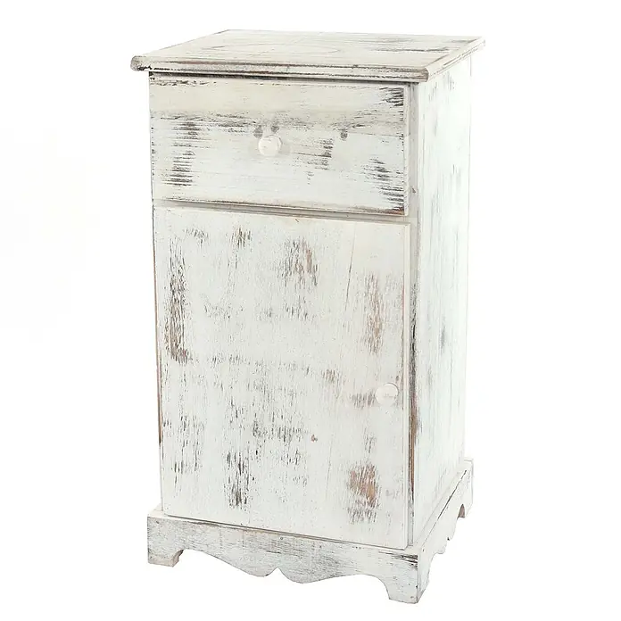 Mendler Kommode Shabby-Look, 63x35x29cm - weiß -  - Weißer, patinierter Holz-Nachttisch mit einer Schublade und einer Schranktür, mit dekorativer geschnitzter Basis.