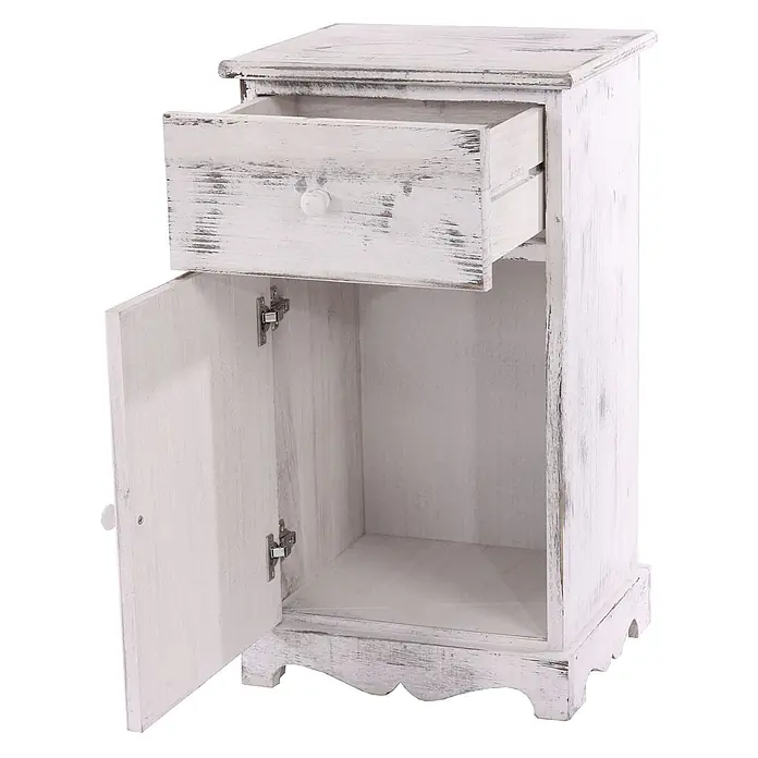 Mendler Kommode Shabby-Look, 63x35x29cm - weiß -  - Weißer Nachttisch im Used-Look mit einer teilweise geöffneten Schublade und einer offenen Schranktür.