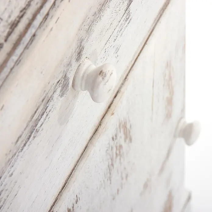 Mendler Kommode Shabby-Look, 63x35x29cm - weiß -  - Gebrauchte weiße Holzschubladenfront mit zwei weißen Holzknöpfen, mit diagonalen Brettern.