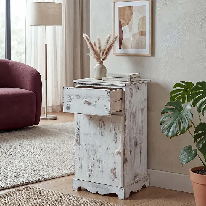Mendler Kommode Shabby-Look, 63x35x29cm - weiß -  - Weißer Beistelltisch aus Altholz mit Schublade und Schranktür, neben einem roten Sessel im Wohnzimmer.