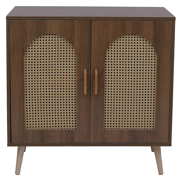 Mendler Kommode HWC-P51, Poly-Rattan MDF 79x80x40cm - braun -  - Dunkelbrauner Holzschrank mit gebogenen Rattantüren und hellen Holzbeinen zur Aufbewahrung.