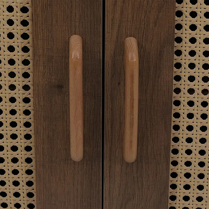 Mendler Kommode HWC-P51, Poly-Rattan MDF 79x80x40cm - braun -  - Zwei Holztüren mit hellen Holzgriffen und Seitenpaneele aus natürlichem Rohgeflecht.