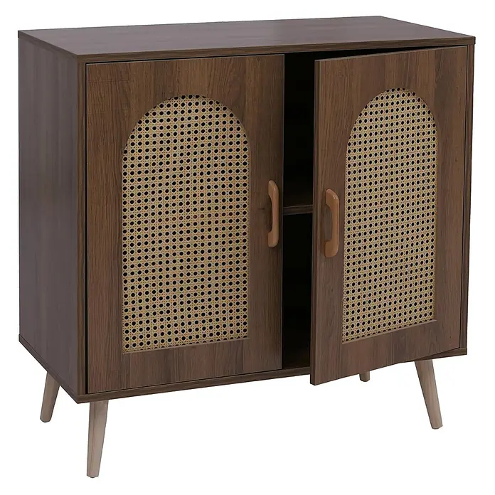 Mendler Kommode HWC-P51, Poly-Rattan MDF 79x80x40cm - braun -  - Dunkelbrauner Holzschrank mit zwei Türen mit Rattan-Einsatz, einer geöffnet, und hellen Beinen.