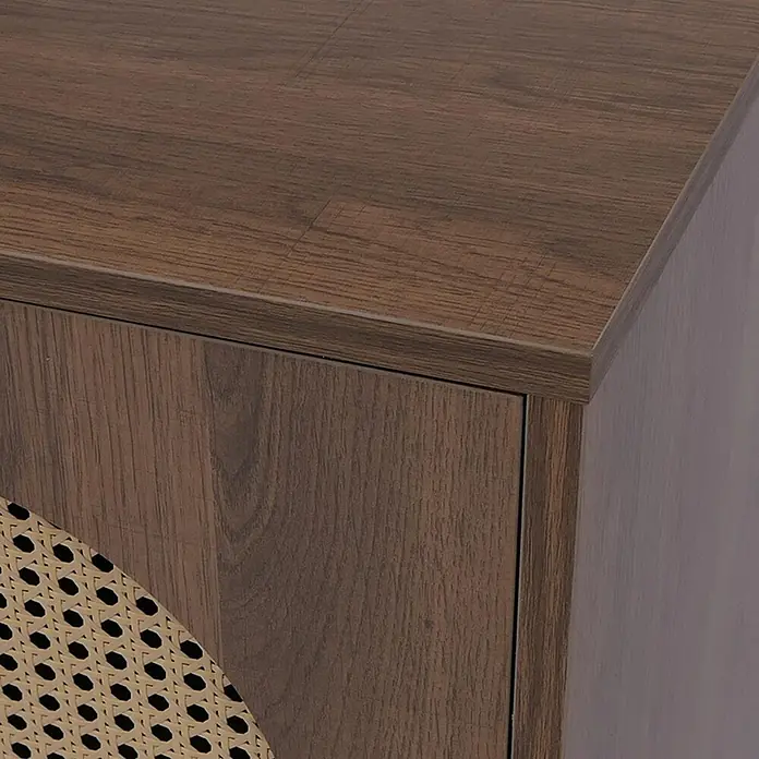 Mendler Kommode HWC-P51, Poly-Rattan MDF 79x80x40cm - braun -  - Dunkelbrauner Holzmaserungsschrank mit natürlichem Rattan-Geflecht-Detail.