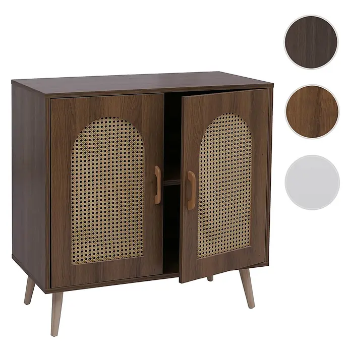 Mendler Kommode HWC-P51, Poly-Rattan MDF 79x80x40cm - braun -  - Dunkelbrauner Schrank mit zwei Bogentüren aus Rattan, eine leicht geöffnet, und hellen ausgestellten Holzbeinen.