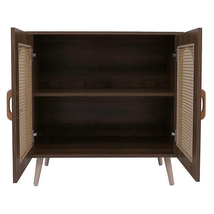 Mendler Kommode HWC-P51, Poly-Rattan MDF 79x80x40cm - braun -  - Dunkelbrauner Holzschrank mit Rattantüren, hellen Holzgriffen und Beinen, mit einem Einlegeboden.