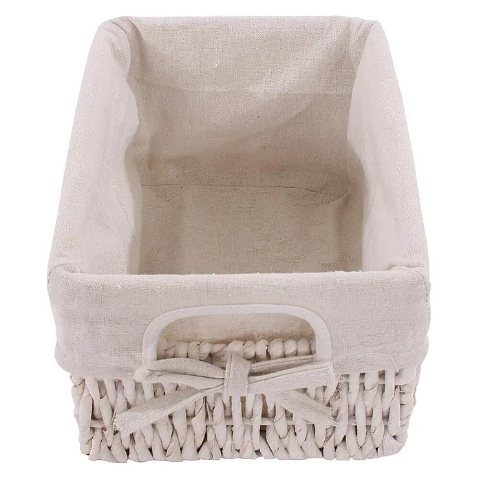 Mendler 2er-Set Regal mit 3 Korbschubladen 58x25x28cm - weiß -  - Hellbeiger Korb aus geflochtenem Material mit Stoffeinlage, integrierten Griffen und Zierschleife.