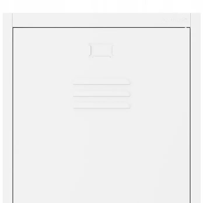 Jan Nowak Besen- und Haushaltsschrank AGNES, 50x185x50 cm, Weiß -  - Weiße Metallspindtür mit Jan Nowak® Branding, vertieftem Griff und drei horizontalen Lüftungsschlitzen.