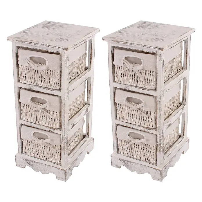 Mendler 2er-Set Regal mit 3 Korbschubladen 58x25x28cm - weiß -  - Zwei shabby chic weiß lasierte Holzregale mit je drei geflochtenen Körben und Leinenbezügen.
