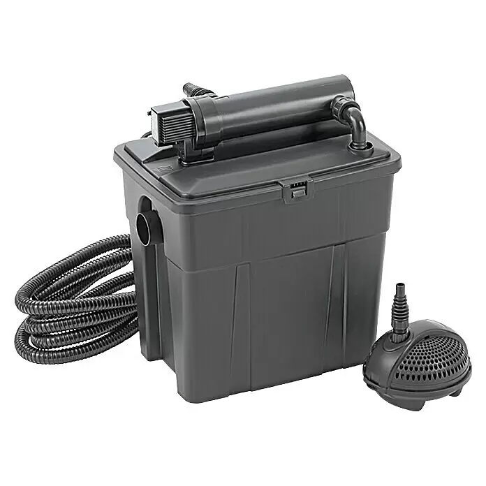 Pontec MultiClear Durchlauffilter-Set Set 8000 - Fördermenge pro Std.: 2.500 l, 40 W - Schwarzes Teichfiltersystem mit UV-Klärer, Tauchpumpe und Schlauch zur Wasserreinigung.