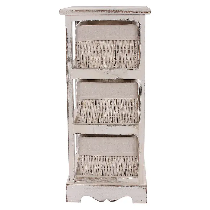 Mendler 2er-Set Regal mit 3 Korbschubladen 58x25x28cm - weiß -  - Weißes Holzregal im Used-Look mit drei naturfarbenen Weidenkörben und hellen Stoffeinlagen.
