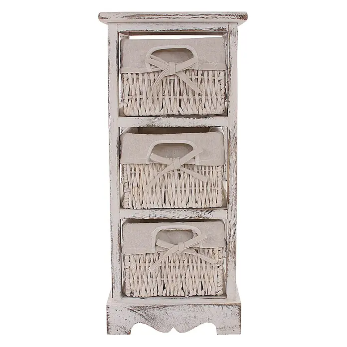 Mendler 2er-Set Regal mit 3 Korbschubladen 58x25x28cm - weiß -  - Rustikaler weißer Holzschrank mit drei hellbeigen geflochtenen Aufbewahrungskörben, jeder mit Stoffeinlage und Schleife.