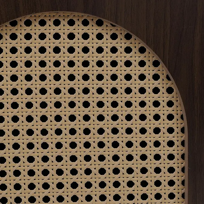 Mendler Kommode HWC-P51, Poly-Rattan MDF 79x80x40cm - Walnuss-Optik -  - Natürliches Wiener Geflecht mit achteckigem Muster, gerahmt von dunklem Holz auf einer gewölbten Platte.