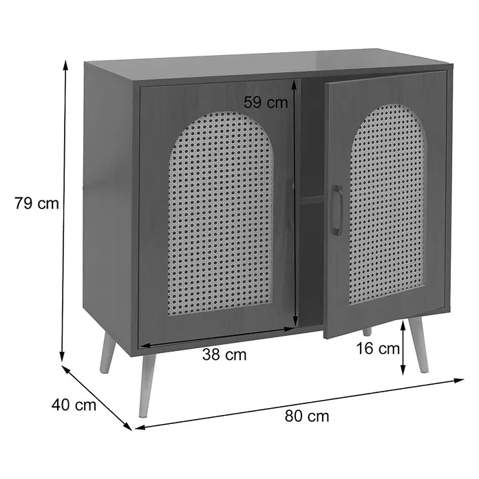 Mendler Kommode HWC-P51, Poly-Rattan MDF 79x80x40cm - braun -  - Grauer Holzschrank mit zwei Türen mit gewölbten Rattan-Einsätzen, Maße sichtbar.