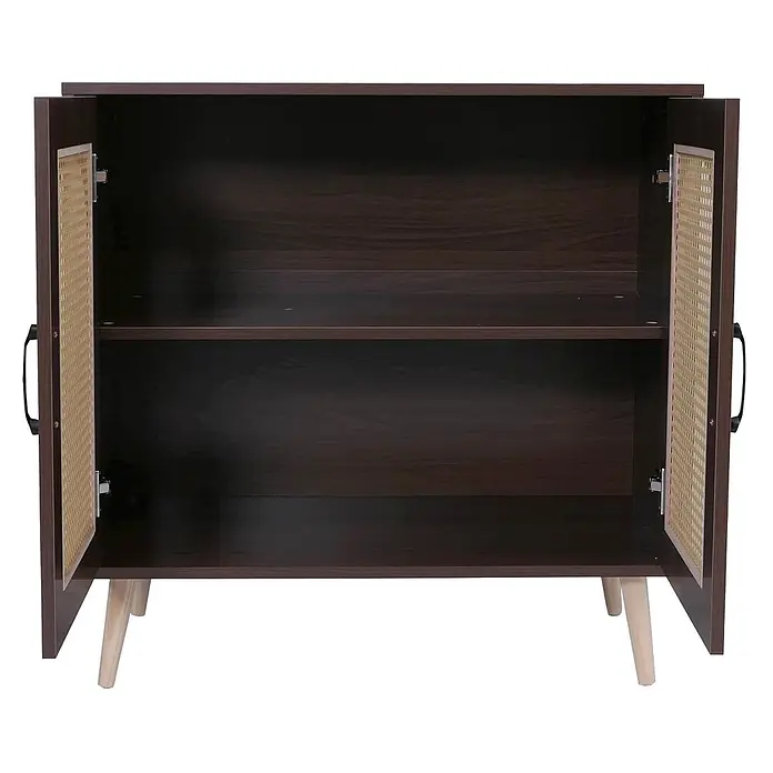 Mendler Kommode HWC-P51, Poly-Rattan MDF 79x80x40cm - Walnuss-Optik -  - Dunkelbrauner Holzschrank mit offenen Rattan-Türen und einem Einlegeboden, auf hellen Holzbeinen.