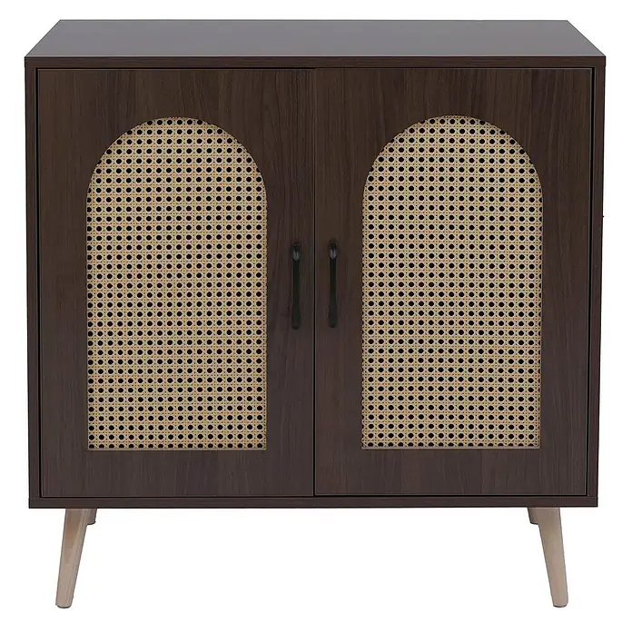 Mendler Kommode HWC-P51, Poly-Rattan MDF 79x80x40cm - Walnuss-Optik -  - Dunkelbrauner Schrank mit zwei Türen, bogenförmigen Korbeinsätzen und hellen, konischen Holzbeinen.