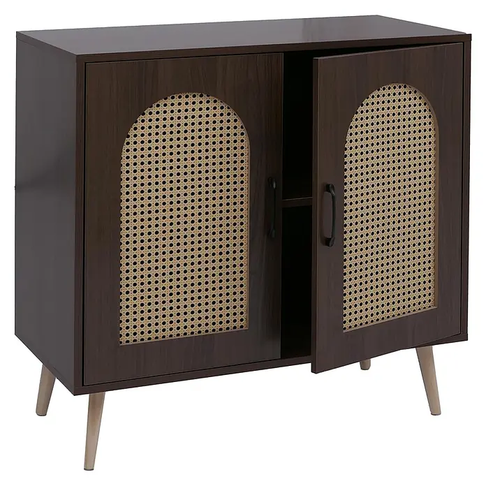 Mendler Kommode HWC-P51, Poly-Rattan MDF 79x80x40cm - Walnuss-Optik -  - Dunkelbrauner Schrank mit gewölbten Rattan-Türen und hellen Holzbeinen. Eine Tür ist offen, zeigt ein Innenregal.