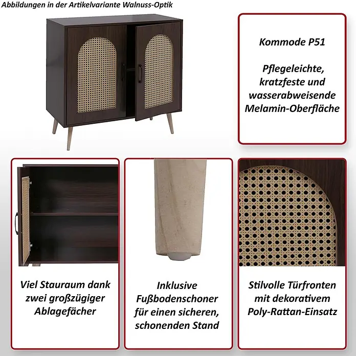 Mendler Kommode HWC-P51, Poly-Rattan MDF 79x80x40cm - Walnuss-Optik -  - Dunkelbraune Kommode in Walnuss-Optik mit zwei Türen, gewölbten Poly-Rattan-Einsätzen und Holzbeinen.