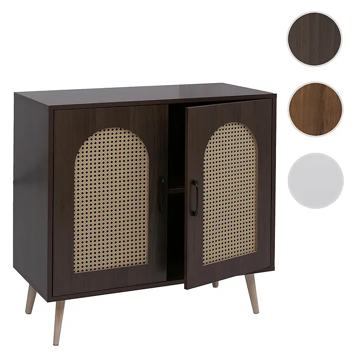 Mendler Kommode HWC-P51, Poly-Rattan MDF 79x80x40cm - Walnuss-Optik -  - Dunkelbrauner Holzschrank mit zwei gewölbten Korbtüren und hellen, konischen Holzbeinen.