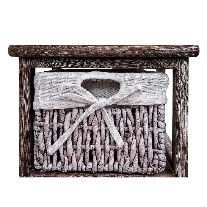 Mendler Regal mit 5 Korbschubladen 90x25x28cm - braun -  - Rustikaler Holzrahmen mit einem geflochtenen Aufbewahrungskorb, hellem Stoffeinsatz und Zierschleife.