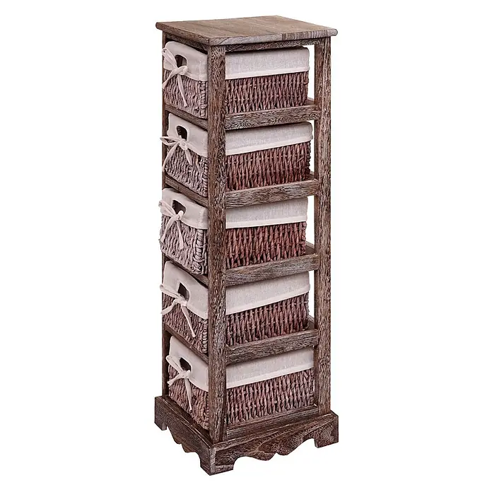 Mendler Regal mit 5 Korbschubladen 90x25x28cm - braun -  - Schmaler Schrank aus dunklem Altholz mit sechs hellbraunen Flechtkörben und beigen Stoffeinlagen.