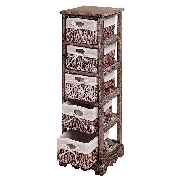 Mendler Regal mit 5 Korbschubladen 90x25x28cm - braun -  - Hohes Holzregal mit fünf geflochtenen Körben mit Stoffeinsätzen und Schleifen.