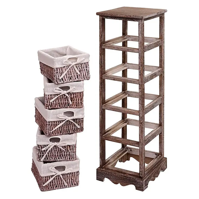 Mendler Regal mit 5 Korbschubladen 90x25x28cm - braun -  - Fünf braune Weidenkörbe mit hellen Leineneinsätzen neben einem passenden dunkelbraunen Holzregal.