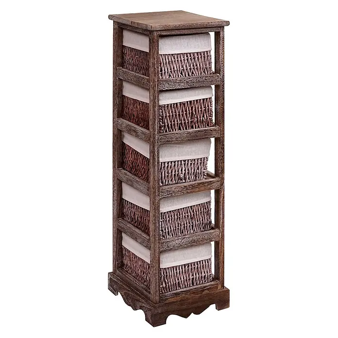 Mendler Regal mit 5 Korbschubladen 90x25x28cm - braun -  - Hohes Regal aus Altholz mit fünf braunen Korbschubladen, jeweils mit hellem Stofffutter.