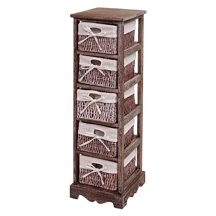 Mendler Regal mit 5 Korbschubladen 90x25x28cm - braun -  - Hohes Aufbewahrungsregal aus altem Holz mit fünf Fächern, jedes mit einem geflochtenen Korb und hellem Stoffeinsatz mit Schleife.