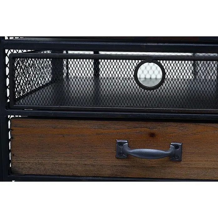 Mendler Apotheker-Schrank HWC-D78 146x60x35cm Tanne Vintage -  - Nahaufnahme einer dunklen Metallgitter-Schublade mit rundem Griff über einer rustikalen Holzschublade mit Metallzug.