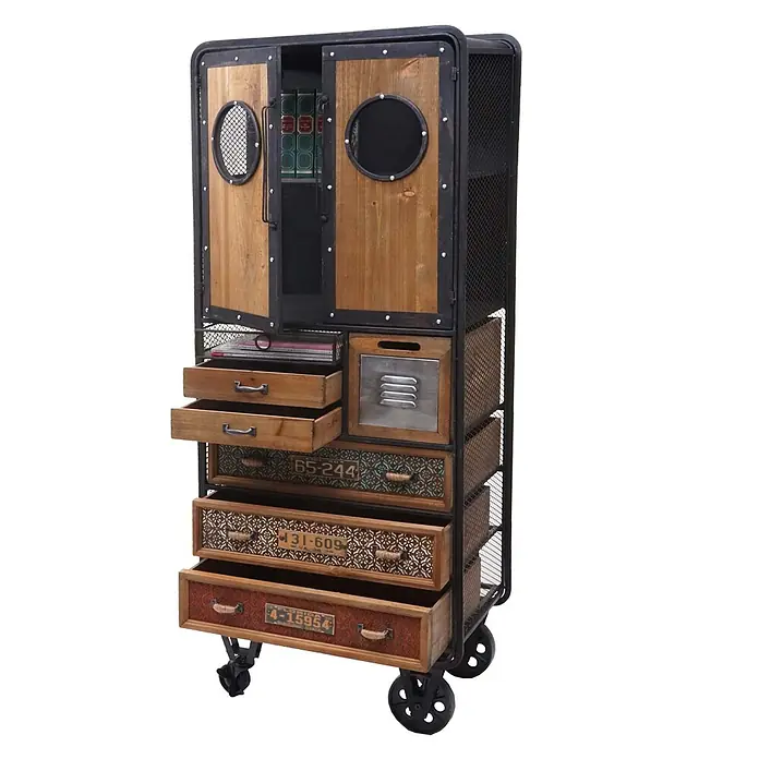 Mendler Apotheker-Schrank HWC-D78 146x60x35cm Tanne Vintage -  - Industrieller Schrank aus Holz und Metall mit Schubladen, Gitterkörben und Rollen.