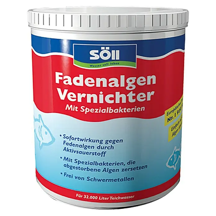 Söll Fadenalgenvernichter - 1.000 g, 32.000 l, Geeignet für: Fadenalgen - Produktbild von Söll Fadenalgen Vernichter mit Spezialbakterien zur Bekämpfung von Fadenalgen in Teichen bis zu 32.000 Liter.